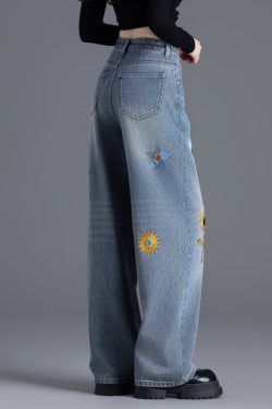 Boutique Blue Embroidered Floral Denim Straight Pants Spring