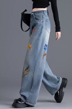 Boutique Blue Embroidered Floral Denim Straight Pants Spring