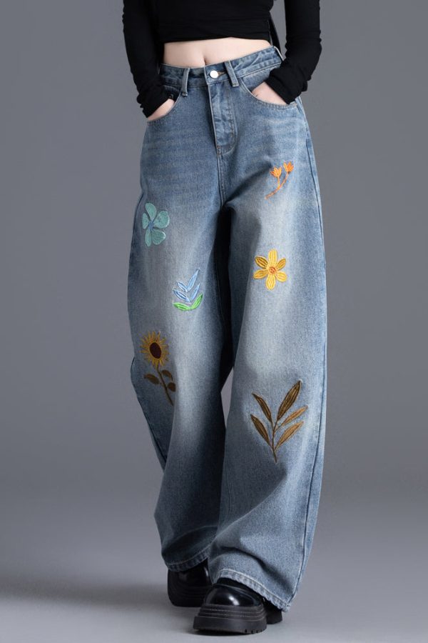 Boutique Blue Embroidered Floral Denim Straight Pants Spring