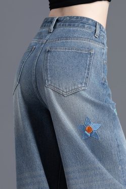 Boutique Blue Embroidered Floral Denim Straight Pants Spring