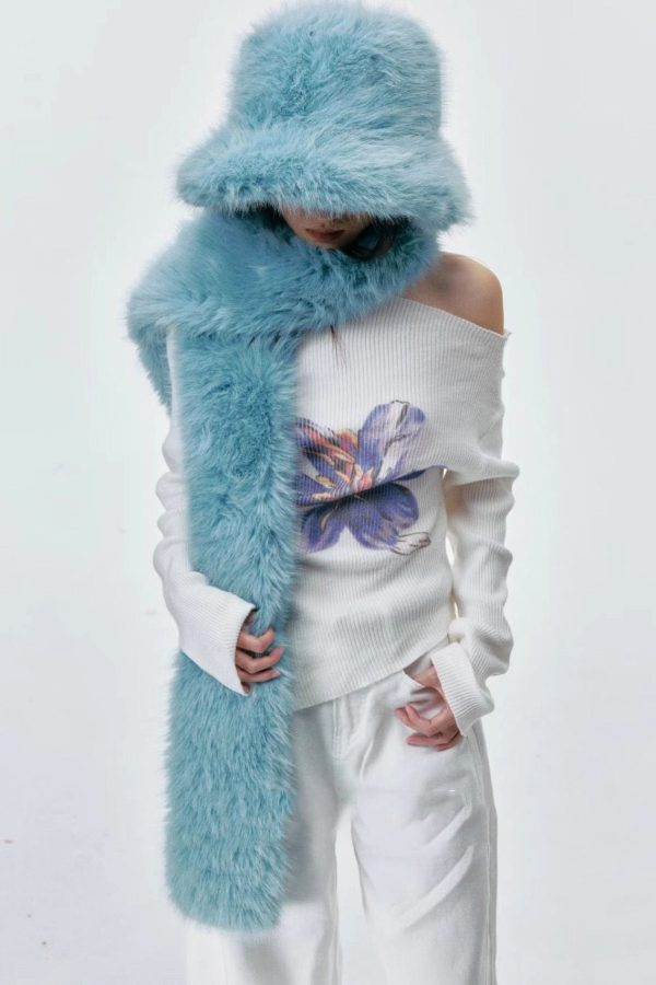 Boutique Blue Fuzzy Fur Fluffy Warm Bucket Hat Scarf Set