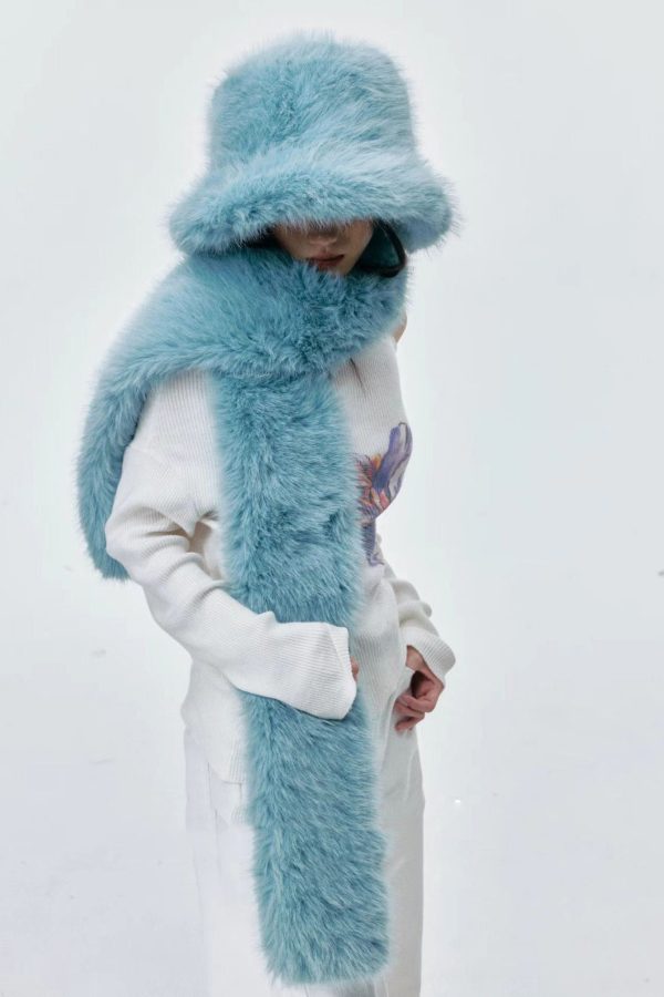 Boutique Blue Fuzzy Fur Fluffy Warm Bucket Hat Scarf Set