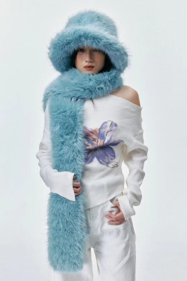 Boutique Blue Fuzzy Fur Fluffy Warm Bucket Hat Scarf Set