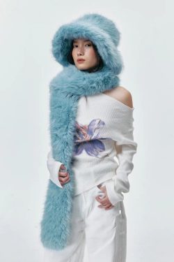 Boutique Blue Fuzzy Fur Fluffy Warm Bucket Hat Scarf Set
