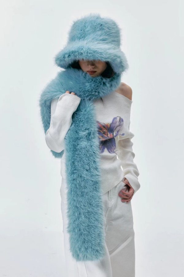 Boutique Blue Fuzzy Fur Fluffy Warm Bucket Hat Scarf Set