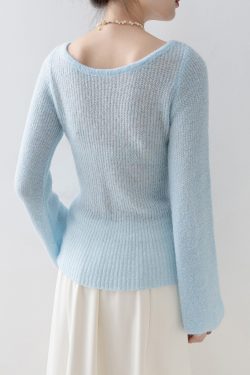 Boutique Blue O Neck Floral Knitted Tops Spring