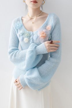 Boutique Blue O Neck Floral Knitted Tops Spring