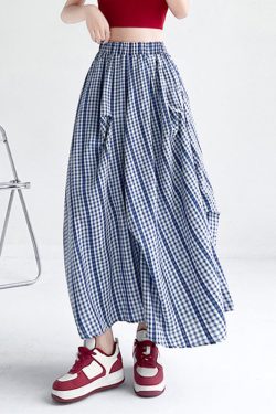 Boutique Blue Plaid Pockets Patchwork A Line Skirts Summer