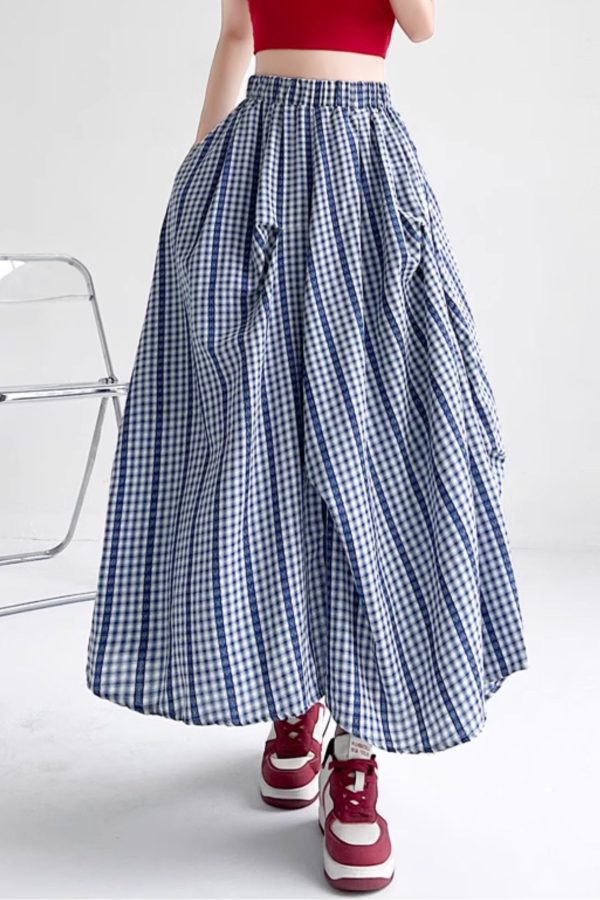 Boutique Blue Plaid Pockets Patchwork A Line Skirts Summer