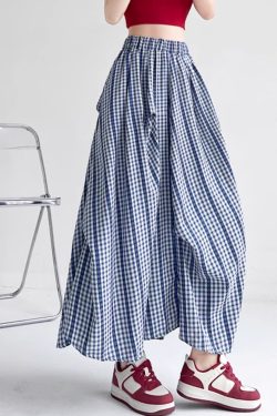 Boutique Blue Plaid Pockets Patchwork A Line Skirts Summer