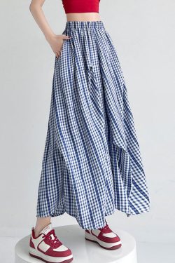 Boutique Blue Plaid Pockets Patchwork A Line Skirts Summer