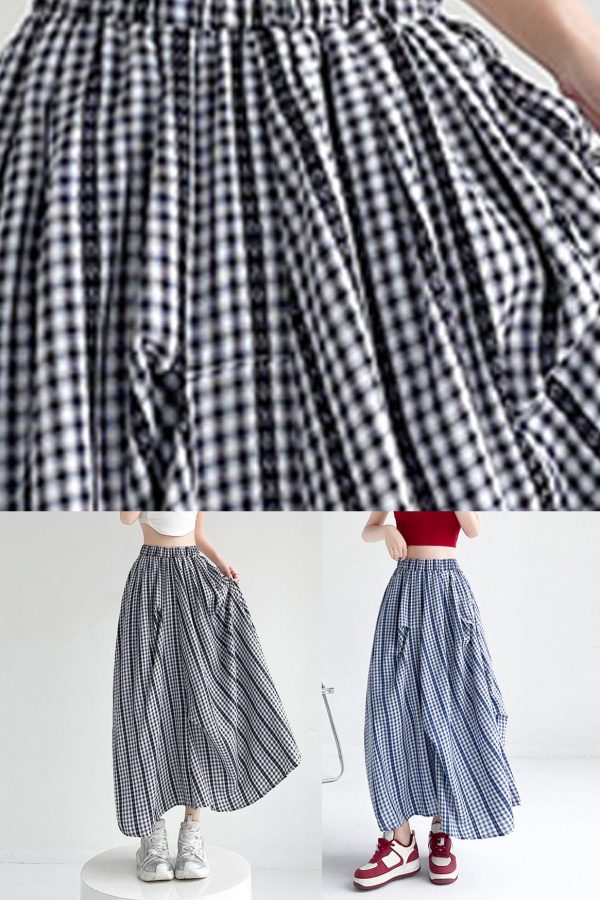 Boutique Blue Plaid Pockets Patchwork A Line Skirts Summer