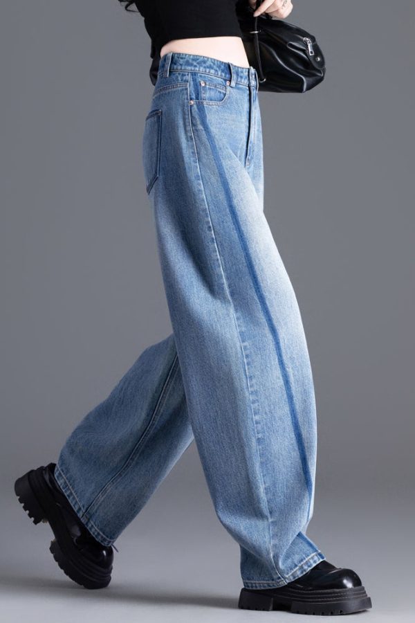 Boutique Blue Pockets Patchwork High Waist Denim Pants Spring