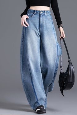Boutique Blue Pockets Patchwork High Waist Denim Pants Spring
