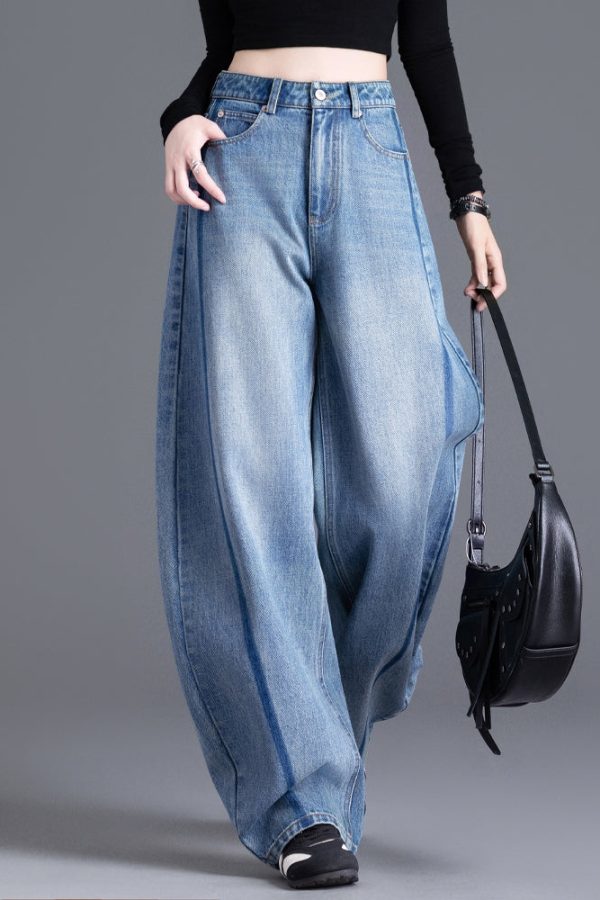 Boutique Blue Pockets Patchwork High Waist Denim Pants Spring