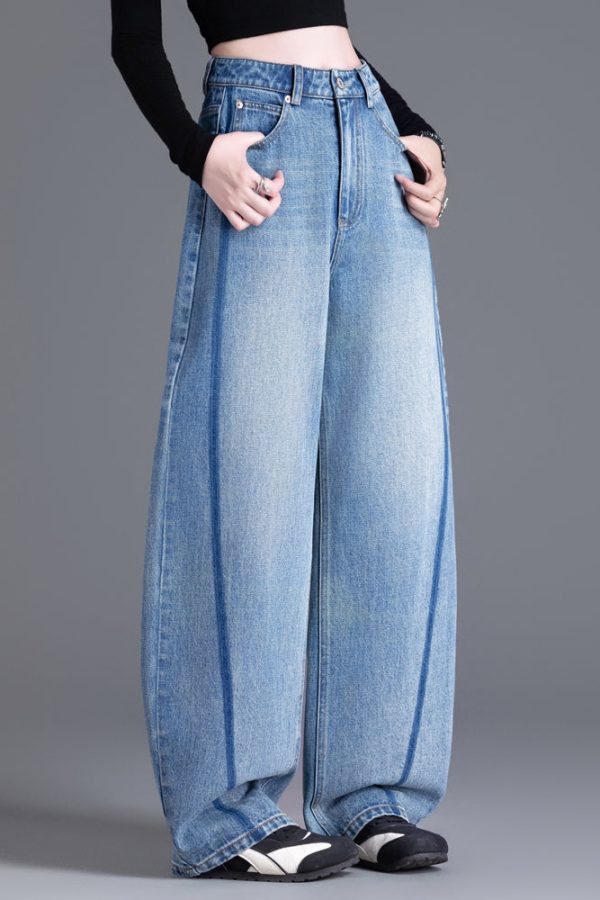 Boutique Blue Pockets Patchwork High Waist Denim Pants Spring