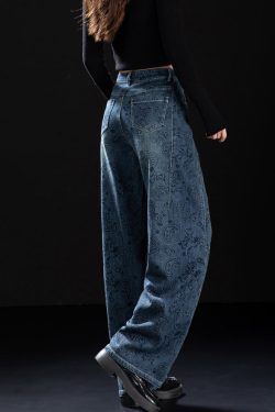 Boutique Blue Pockets Print Denim Pants Spring