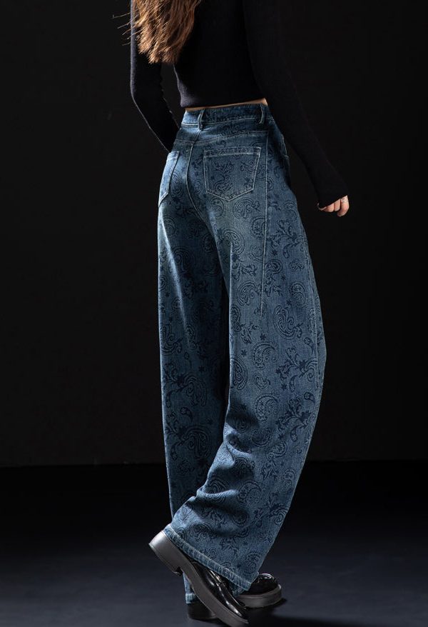 Boutique Blue Pockets Print Denim Pants Spring