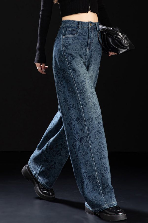 Boutique Blue Pockets Print Denim Pants Spring