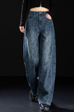 Boutique Blue Pockets Print Denim Pants Spring