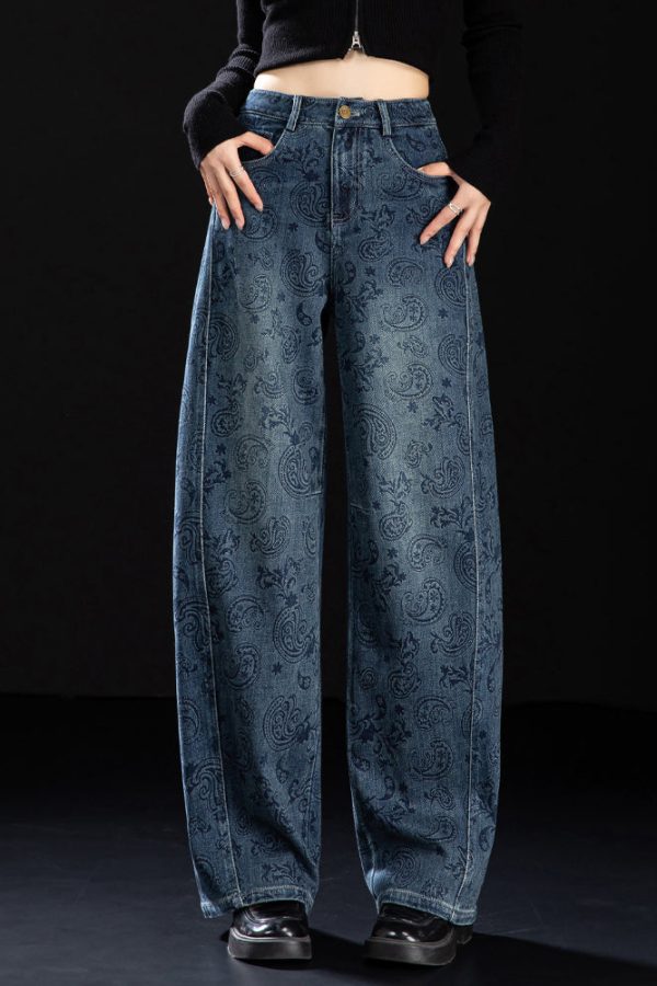 Boutique Blue Pockets Print Denim Pants Spring