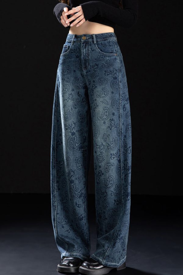 Boutique Blue Pockets Print Denim Pants Spring