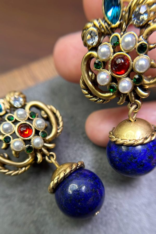 Boutique Blue Sterling Silver Overgild Fleur-De-Lis Gem Stone Drop Earrings