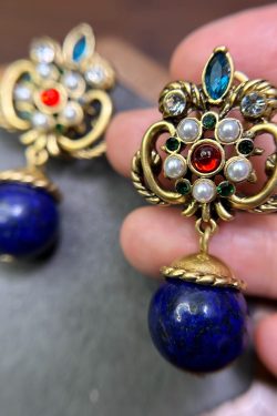 Boutique Blue Sterling Silver Overgild Fleur-De-Lis Gem Stone Drop Earrings