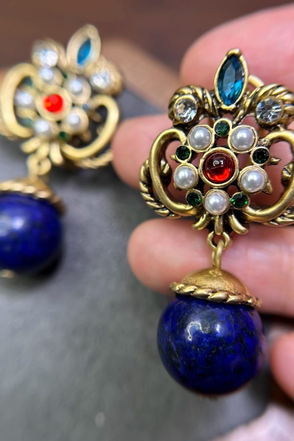 Boutique Blue Sterling Silver Overgild Fleur-De-Lis Gem Stone Drop Earrings