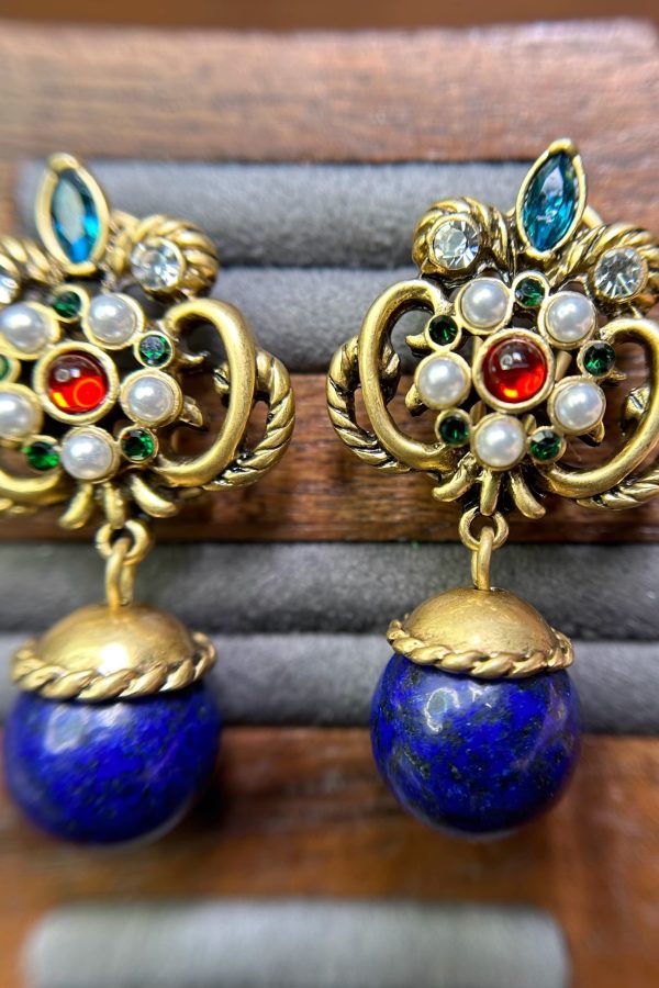 Boutique Blue Sterling Silver Overgild Fleur-De-Lis Gem Stone Drop Earrings