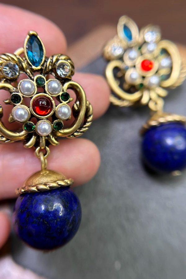 Boutique Blue Sterling Silver Overgild Fleur-De-Lis Gem Stone Drop Earrings