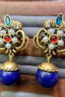 Boutique Blue Sterling Silver Overgild Fleur-De-Lis Gem Stone Drop Earrings