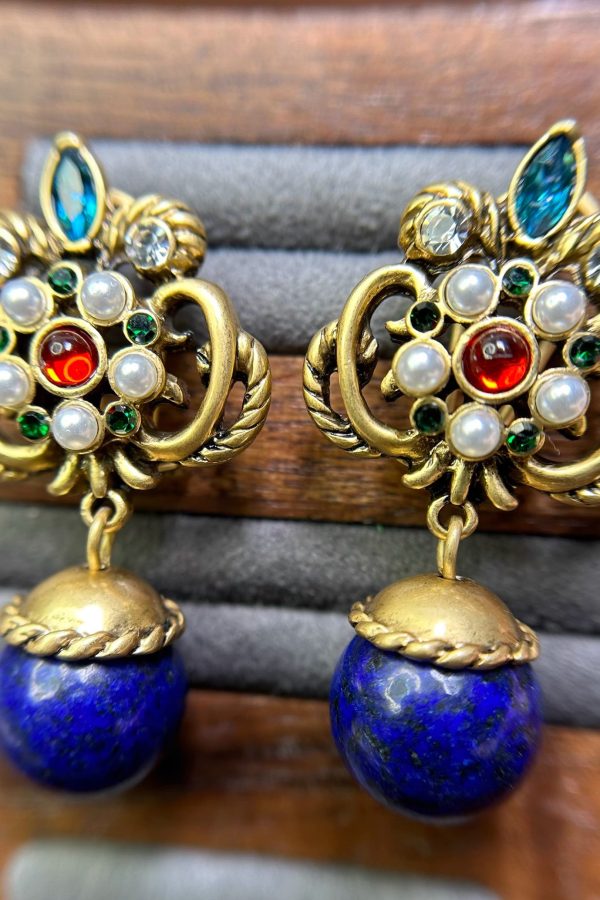 Boutique Blue Sterling Silver Overgild Fleur-De-Lis Gem Stone Drop Earrings