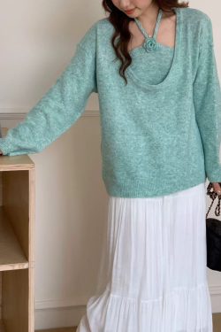 Boutique Blue U Neck Floral Knit Sweaters Two Piece Set Winter