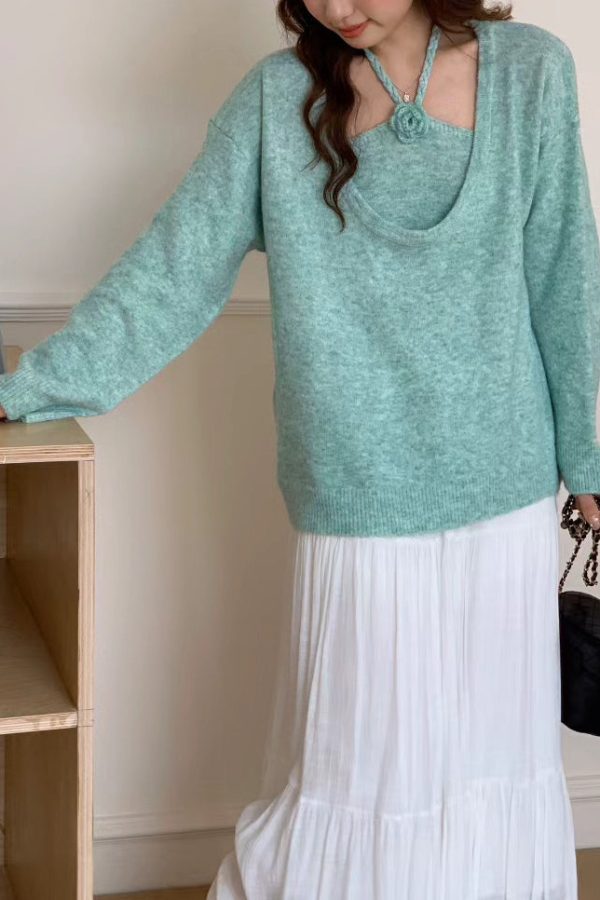 Boutique Blue U Neck Floral Knit Sweaters Two Piece Set Winter