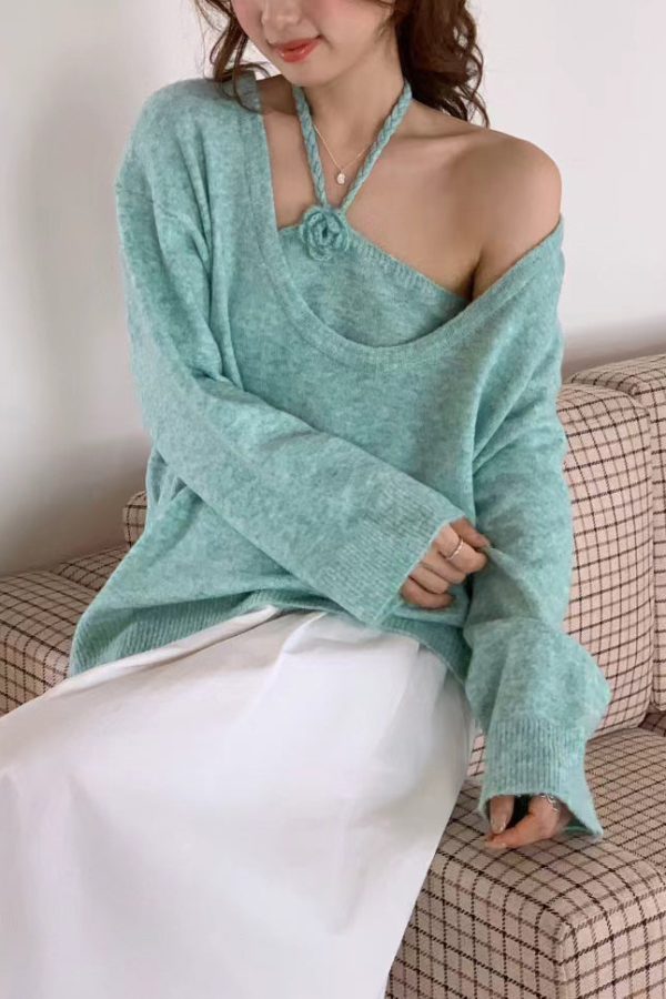 Boutique Blue U Neck Floral Knit Sweaters Two Piece Set Winter