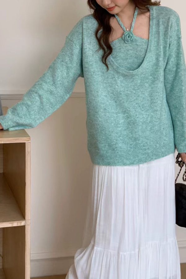 Boutique Blue U Neck Floral Knit Sweaters Two Piece Set Winter