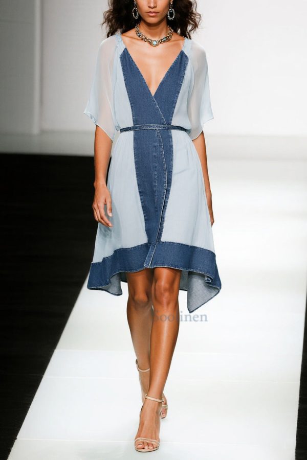 Boutique Blue V Neck Patchwork Chiffon Tea Dress Summer