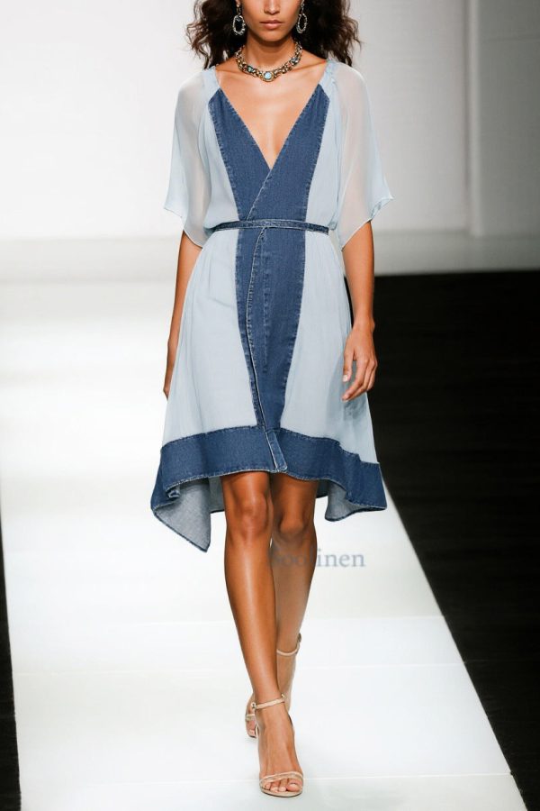 Boutique Blue V Neck Patchwork Chiffon Tea Dress Summer