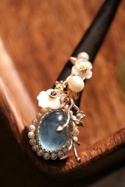 Boutique Blue Wooden Pearl Floral Crystal Hairpin
