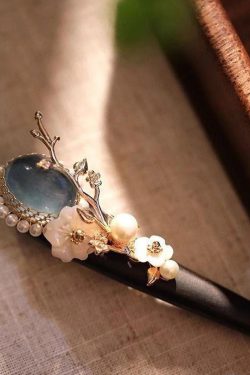 Boutique Blue Wooden Pearl Floral Crystal Hairpin