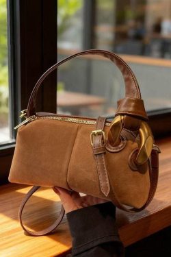 Boutique Camel Solid Durable Patchwork Fine Suede Tote Handbag