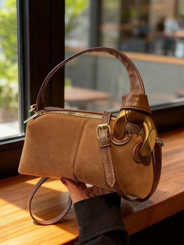 Boutique Camel Solid Durable Patchwork Fine Suede Tote Handbag