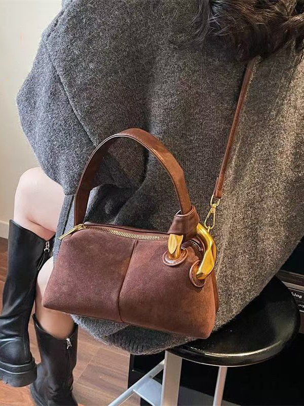 Boutique Camel Solid Durable Patchwork Fine Suede Tote Handbag