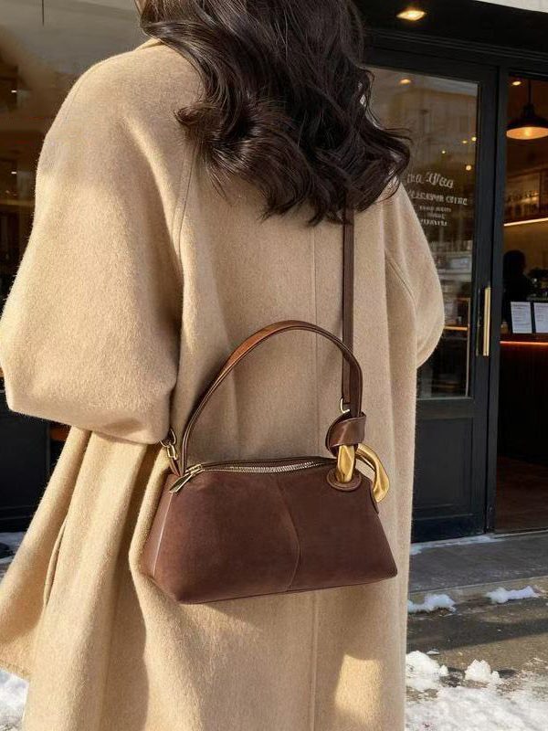 Boutique Camel Solid Durable Patchwork Fine Suede Tote Handbag