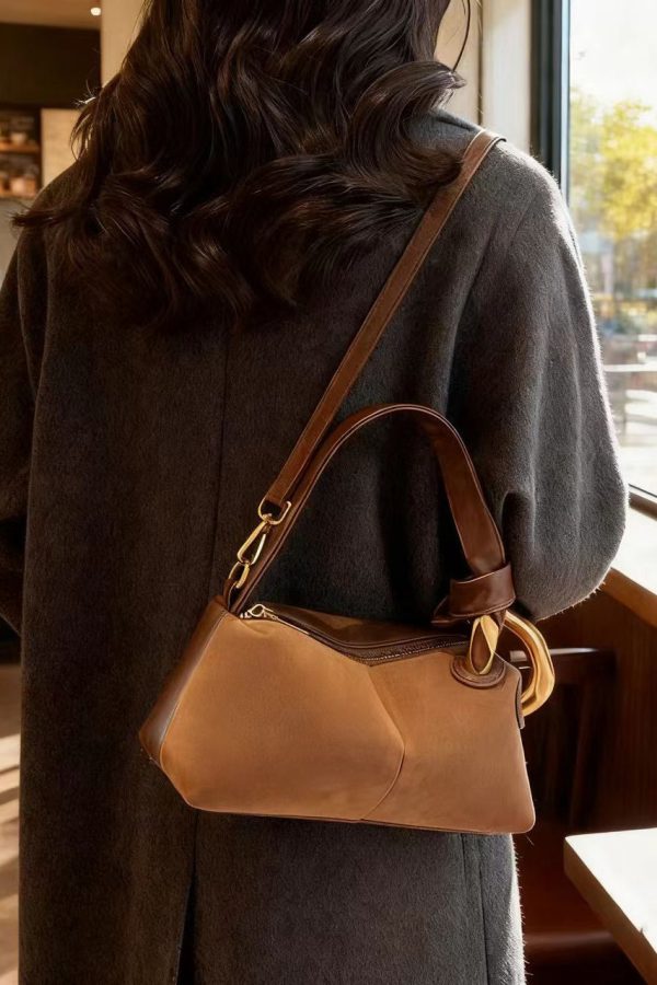 Boutique Camel Solid Durable Patchwork Fine Suede Tote Handbag