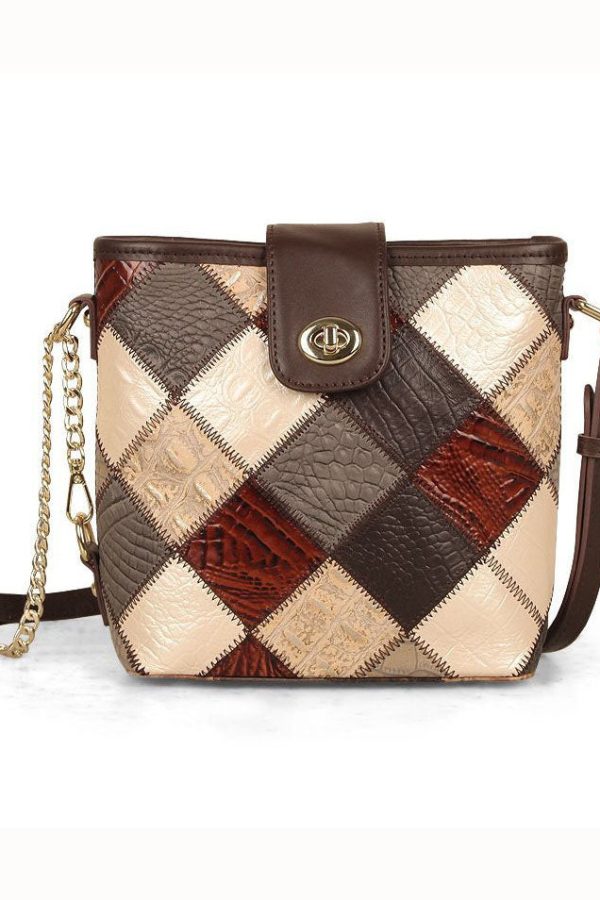 Boutique Coffee Plaid Patchwork Calf Leather Messenger Bag