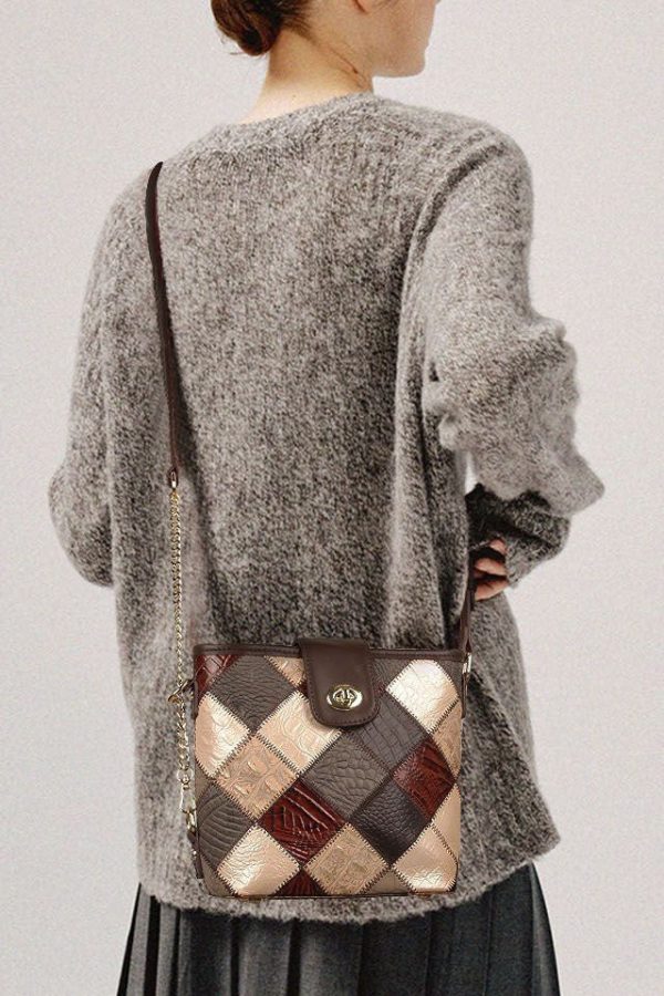 Boutique Coffee Plaid Patchwork Calf Leather Messenger Bag