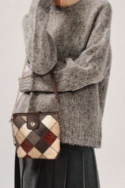 Boutique Coffee Plaid Patchwork Calf Leather Messenger Bag