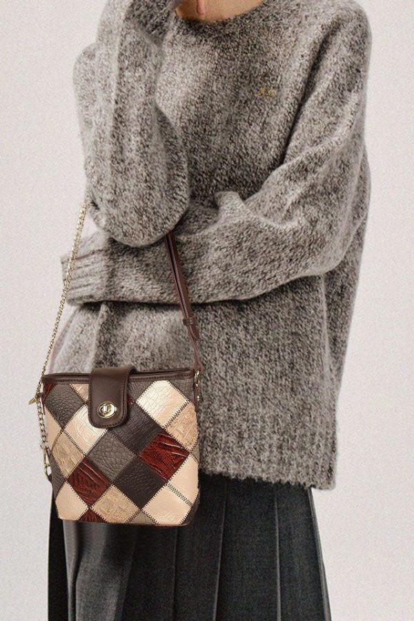 Boutique Coffee Plaid Patchwork Calf Leather Messenger Bag